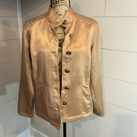 Chico's Full Button Front Jacket Blazer in Gold Champagne Metallic Satin - Picture 1 of 9